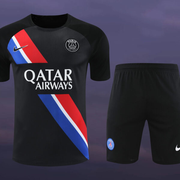 Conjunto de calentamiento PSG negro franja azul blanca y roja
